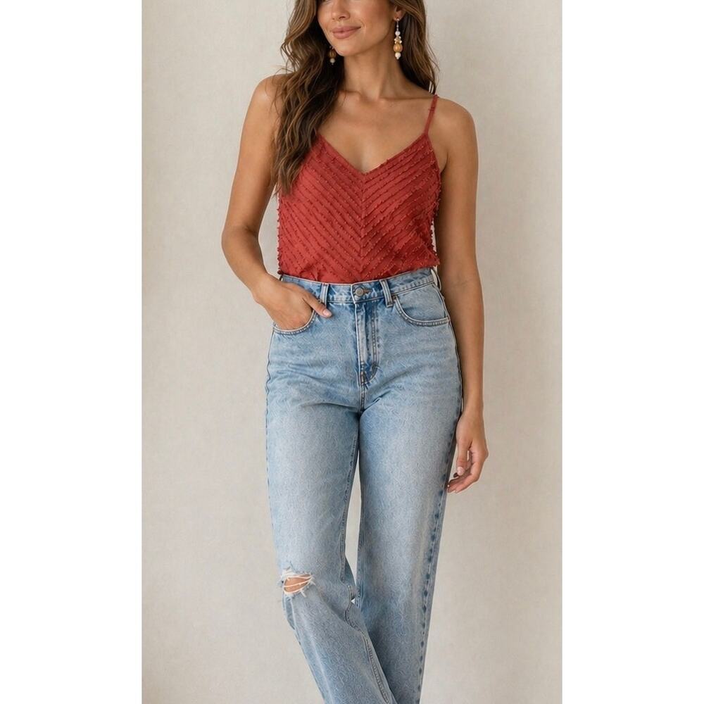 Free People Deletta Textured Red Cami Top Romantic Fringe Tank Adjustable Straps